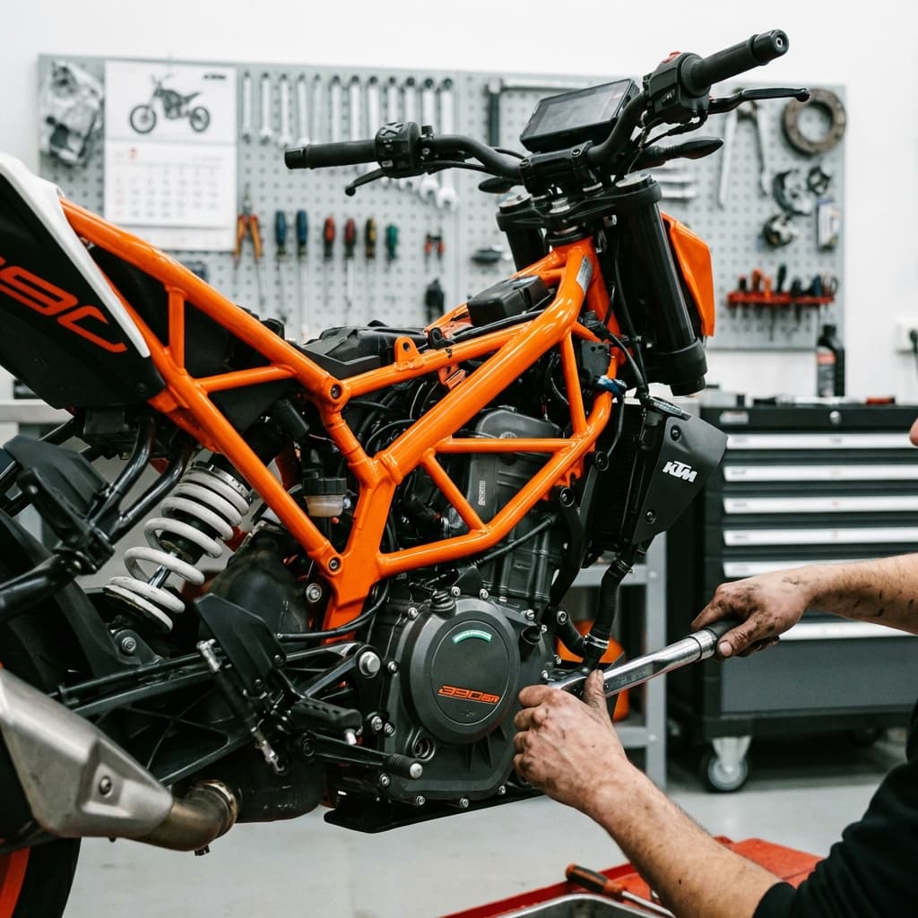 KTM Duke 390 - Post-crash chassis realignment and engine service. SEO: bike-repair-chandkheda